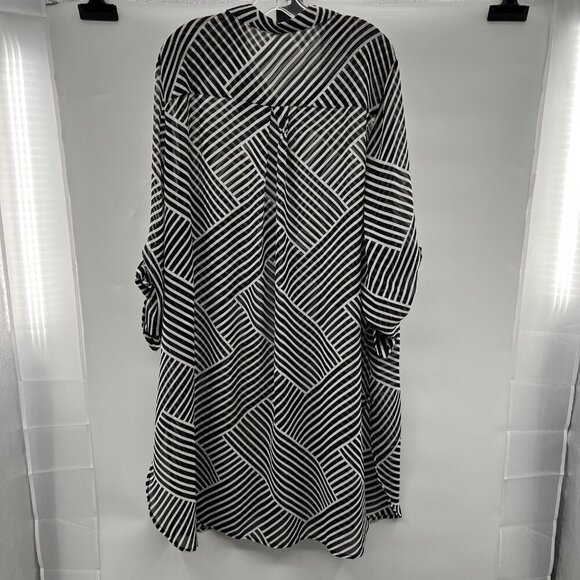 Jessica London Sheer Shift Dress Button Up Black/White Long Roll Tab Sleeve 32W - Picture 7 of 9